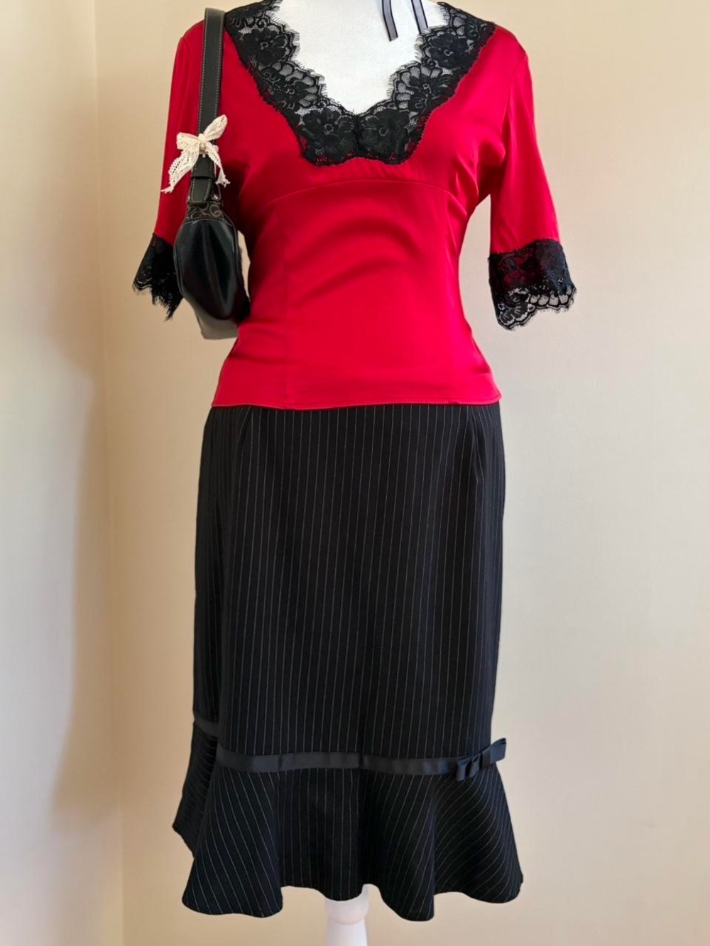 Vintage Y2K pinstripe ruffle skirt black lolita goth grunge alt office siren M-L